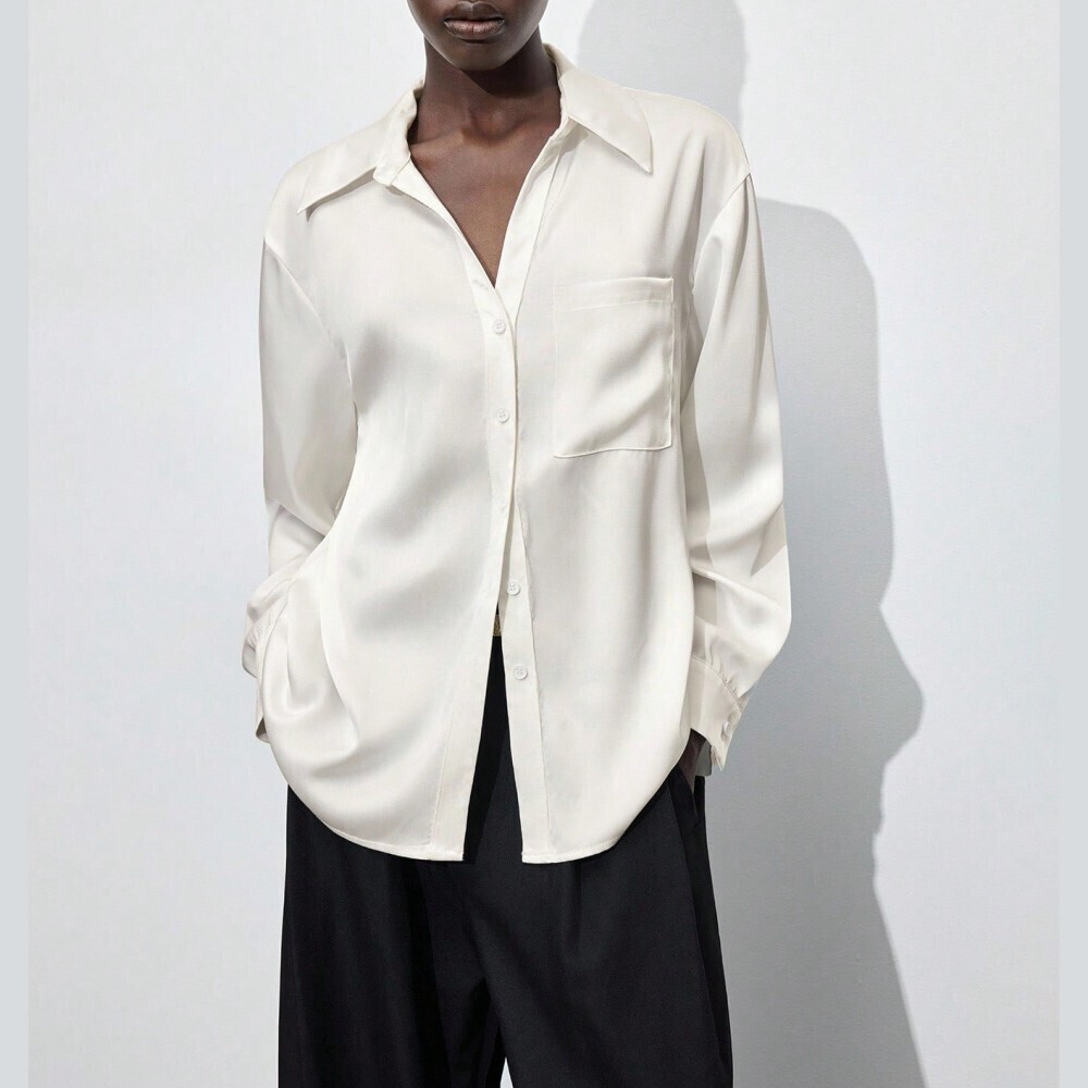 Ivory Satin Button-Up Shirt With Chest Pocket